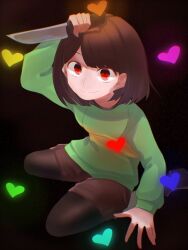 Rule 34 | 1other, 345 myk, androgynous, black background, black footwear, black pantyhose, bob cut, brown shorts, chara (undertale), closed eyes, closed mouth, commentary, crazy smile, film grain, green sweater, hand up, heart, heart necklace, highres, holding, holding knife, holding weapon, jewelry, knife, looking at viewer, looking up, necklace, on ground, pantyhose, red eyes, reverse grip, short hair, short shorts, shorts, sitting, smile, solo, spread fingers, sweater, two-tone sweater, undertale, upturned eyes, wariza, weapon, yellow sweater