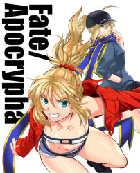 Rule 34 | 2girls, ahoge, artoria pendragon (all), artoria pendragon (fate), bandeau, baseball cap, blonde hair, braid, denim, denim shorts, fate/apocrypha, fate (series), green eyes, hat, jacket, long hair, mgk968, midriff, mordred (fate), mordred (fate/apocrypha), mordred (memories at trifas) (fate), mother and daughter, multiple girls, mysterious heroine x (fate), ponytail, rojiura satsuki : chapter heroine sanctuary, saber (fate), shorts, strapless, track jacket, tube top, type-moon