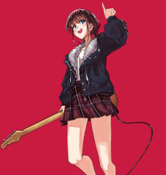 Rule 34 | 1girl, black jacket, blue eyes, cable, commentary, electric guitar, feet out of frame, fur-trimmed jacket, fur trim, girls band cry, guitar, hand up, highres, holding, holding guitar, holding instrument, instrument, iseri nina, jacket, open clothes, open jacket, open mouth, pinky out, plaid, plaid skirt, pleated skirt, red background, red hair, red skirt, shirt, short twintails, simple background, skirt, smile, solo, twintails, walking nakta, white shirt