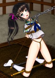 Rule 34 | 1girl, arms behind back, bdsm, blue eyes, blush, bondage, bottomless, bound, brown hair, chain, collar, crotch rope, cuffs, kneeling, leash, lock, long hair, padlock, ponytail, pussy juice, rope, school uniform, serafuku, shibari, shibari over clothes, slave, solo, spreader bar, suiryoku nozuru, tongue, tongue out