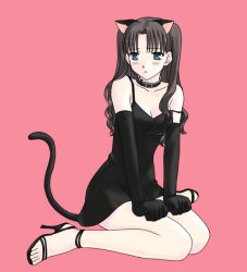 Rule 34 | 1girl, alternate costume, animal ears, black dress, black gloves, blush, boribeya, cat ears, cat tail, collar, dress, elbow gloves, fate/stay night, fate (series), female focus, gloves, high heels, long legs, open shoes, pink background, shoes, simple background, solo, strap slip, tail, tohsaka rin
