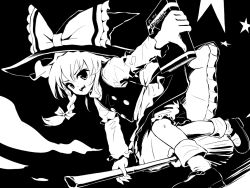 Rule 34 | 1girl, book, bow, braid, broom, greyscale, grimoire, hair bow, hat, kirisame marisa, kongari (kngr), long hair, mary janes, monochrome, ribbon, shoes, solo, star (symbol), touhou, witch hat