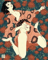 Rule 34 | 1girl, absurdres, arm at side, black hair, brown eyes, collarbone, crotch, field, fine art parody, flat chest, flower, flower field, hand on own stomach, highres, inkan, japanese clothes, kimono, looking up, lying, nihonga, no bra, no panties, on back, open clothes, open kimono, original, parody, parted lips, red flower, sei5osuzuki, short hair, thighs