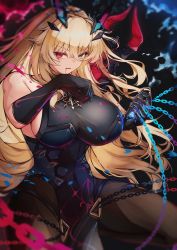 Rule 34 | 1girl, absurdres, armor, bare shoulders, black dress, black gloves, blonde hair, breasts, brown pantyhose, chain, dress, elbow gloves, barghest (fate), barghest (second ascension) (fate), fate/grand order, fate (series), gauntlets, gloves, green eyes, heterochromia, highres, horns, jewelry, large breasts, long hair, looking at viewer, necklace, pantyhose, pauldrons, pelvic curtain, red eyes, shoulder armor, sideboob, single gauntlet, single pauldron, solo, spica/kanade, thighs