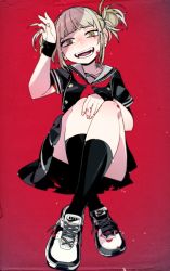 Rule 34 | 1girl, :d, black shirt, black skirt, black thighhighs, blonde hair, blood, blood on face, blood splatter, blunt bangs, boku no hero academia, buttons, cross-laced footwear, crossed legs, double-breasted, hand up, head tilt, highres, idkuroi, legs together, looking at viewer, neckerchief, open mouth, red background, red neckerchief, ringed eyes, sailor collar, school uniform, serafuku, shirt, shoes, short hair, short sleeves, skirt, slit pupils, smile, sneakers, socks, solo, thighhighs, toga himiko, twintails, white footwear, white sailor collar, wristband, yellow eyes