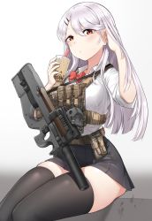 Rule 34 | 1girl, albino, black skirt, black thighhighs, blush, bow, bowtie, breasts, bubble tea challenge, bullpup, closed mouth, collared shirt, cup, disposable cup, gun, hair ornament, hairclip, hand in own hair, highres, holding, holding cup, horizontal magazine, k0ng, looking at viewer, magazine (weapon), medium breasts, miniskirt, original, p90, personal defense weapon, red bow, red bowtie, red eyes, see-through, shirt, short sleeves, silver hair, simple background, sitting, skindentation, skirt, solo, submachine gun, suppressor, swept bangs, thighhighs, translucent, weapon, white background, zettai ryouiki
