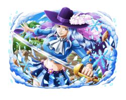Rule 34 | 1girl, blue hair, breasts, cape, hat, ice, large breasts, long hair, non-web source, one piece, one piece treasure cruise, pirate hat, smile, solo, striped, vertical stripes, very long hair, whitey bay