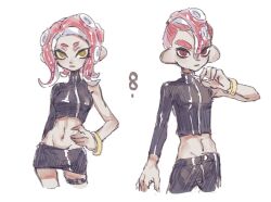 Rule 34 | 1boy, 1girl, :|, agent 8 (splatoon), arm behind back, black skirt, breasts, closed mouth, crop top, groin, hand on own hip, hand up, long sleeves, medium breasts, medium hair, midriff, miniskirt, navel, nintendo, octoling, octoling boy, octoling girl, octoling player character, pencil skirt, red eyes, red hair, short hair, simple background, single bare shoulder, single sleeve, skirt, splatoon (series), splatoon 2, splatoon 2: octo expansion, suction cups, tentacle hair, thenintlichen96, white background, yellow eyes