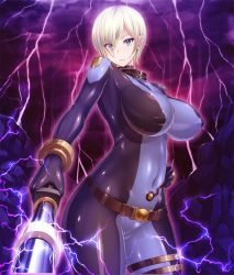 Rule 34 | 00s, 1girl, blonde hair, blue eyes, blue lips, bodysuit, breasts, covered navel, electricity, female focus, impossible bodysuit, impossible clothes, inverted nipples, large breasts, laura flockhart, lilith-soft, looking at viewer, miyamoto issa, nipples, short hair, taimanin (series), taimanin asagi, taimanin asagi kessen arena, weapon