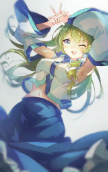 Rule 34 | 1girl, ;d, absurdres, aqua eyes, arm up, armpits, blue skirt, blurry, blush, breasts, depth of field, detached sleeves, green hair, hair ornament, hair tubes, highres, kochiya sanae, long hair, long skirt, long sleeves, looking at viewer, medium breasts, midriff peek, navel, one eye closed, open mouth, simple background, skirt, smile, snake hair ornament, solo, star (symbol), star in eye, symbol in eye, tamiku (shisyamo609), touhou, v-shaped eyebrows, vest, white background, white vest, wide sleeves