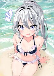 Rule 34 | 1girl, absurdres, arm support, arms behind back, beach, bikini, blue bikini, blue eyes, blush, breasts, collarbone, commentary request, double-parted bangs, eyelashes, fang, frilled bikini, frills, from above, grey hair, highres, kurapi pref, long hair, looking at viewer, mononobe no futo, navel, notice lines, ocean, on ground, open mouth, ponytail, sand, side-tie bikini bottom, sitting, skin fang, small breasts, smile, solo, swimsuit, touhou