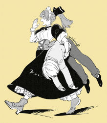 Rule 34 | 1boy, 1girl, black bow, black skirt, bow, carrying, character name, corset, from side, gloves, hair bow, high heels, highres, maid, maid headdress, monochrome, open hand, open hands, open mouth, original, ponytail, running, skirt, umishima senbon, white gloves, yellow background