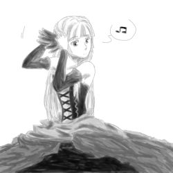 Rule 34 | 1girl, adjusting hair, detached sleeves, drawfag, dress, greyscale, gwendolyn (odin sphere), hair ornament, long hair, monochrome, musical note, odin sphere, solo, whistling