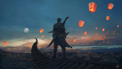 Rule 34 | 1boy, chinese lantern, chinese text, city, cityscape, cloud, ghostblade, highres, lantern, moon, paper lantern, rooftop, sky, standing on roof, sword, two-handed sword, weapon, wlop