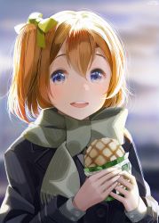 Rule 34 | 1girl, :d, bad id, bad pixiv id, black coat, blonde hair, blue eyes, blurry, blurry background, bow, bread, coat, food, green bow, hair between eyes, hair bow, highres, holding, holding food, kosaka honoka, long sleeves, looking at viewer, love live!, love live! school idol project, megumi cv, open mouth, scarf, short hair, side ponytail, smile, solo, teeth, upper body, upper teeth only
