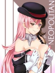 Rule 34 | 1girl, bare shoulders, blush, breasts, brown eyes, brown hair, character name, cleavage, cleaver, dated, gloves, grey scarf, hat, heterochromia, highres, maroonabyss, medium breasts, multicolored hair, neo politan, no bra, partially undressed, pink eyes, pink hair, raised eyebrow, rwby, scarf, smile, solo, split-color hair, strap slip, upper body, white gloves