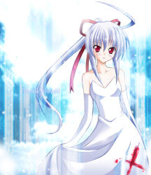 Rule 34 | 1girl, ahoge, bare shoulders, blood, bow, breasts, cleavage, cross, dress, elbow gloves, freudia neuwahl, gloves, hair ribbon, long hair, ponytail, red eyes, ribbon, rosenkreuzstilette, silver hair, small breasts, snow, solo, stain, very long hair, wedding dress, womi
