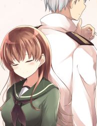 Rule 34 | 10s, 1boy, 1girl, admiral (kancolle), back-to-back, bad id, bad pixiv id, black neckerchief, blush, brown hair, cigarette, closed eyes, faceless, faceless male, highres, holding, holding cigarette, kantai collection, long hair, long sleeves, military, military uniform, naval uniform, neckerchief, ooi (kancolle), popped collar, sailor collar, school uniform, serafuku, short hair, silver hair, simple background, smile, soramuko, uniform, white background