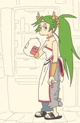 Rule 34 | 1girl, adapted costume, alternate costume, arm at side, bare shoulders, belt, black footwear, blue eyes, breasts, brown belt, circlet, cleavage, closed mouth, commentary, dress, drink, farfinfarfin, from side, full body, green hair, grey footwear, half-closed eyes, highres, holding, holding jug, kid icarus, kid icarus uprising, kitchen, long hair, looking at viewer, medium breasts, multiple belts, nintendo, palutena, pants, pants rolled up, parted bangs, raised eyebrows, refrigerator, sandals, scrunchie, seamed legwear, side-seamed legwear, sidelocks, sleeveless, solo, standing, strapless, strapless dress, sweatpants, tile floor, tiles, toes, vambraces, very long hair, white dress