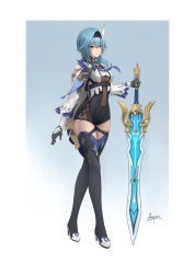 Rule 34 | 1girl, absurdres, arepko, black gloves, black thighhighs, blue hair, brown eyes, cape, claymore (sword), commentary request, eula (genshin impact), full body, genshin impact, gloves, gradient background, greatsword, hair between eyes, hair ornament, hairband, high heels, highres, holding, holding sword, holding weapon, long hair, looking at viewer, necktie, sidelocks, signature, simple background, solo, sword, thighhighs, vision (genshin impact), weapon, wind, wrist cuffs, zettai ryouiki