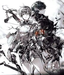Rule 34 | 2boys, absurdres, arknights, armband, black hair, black jacket, bow (weapon), crossbow, eyeshadow, faust (arknights), grey hair, highres, holding hands, jacket, limited palette, looking at viewer, makeup, male focus, material growth, mephisto (arknights), multiple boys, oripathy lesion (arknights), pointy ears, red eyes, red eyeshadow, remsrar, reunion logo (arknights), short hair, shorts, smile, standing, uniform, weapon, white jacket, white shorts, yellow eyes