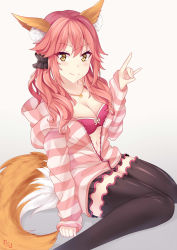 Rule 34 | 10s, 1girl, animal ears, black thighhighs, blush, bra, breasts, chrisandita, cleavage, fate/extra, fate (series), fox ears, fox shadow puppet, fox tail, highres, jewelry, large breasts, looking at viewer, navel, necklace, official alternate costume, open clothes, open shirt, pink bra, pink hair, shirt, smodzz998, solo, tail, tamamo no mae (fate/extra), tamamo no mae (spring casual) (fate), thighhighs, underwear, yellow eyes