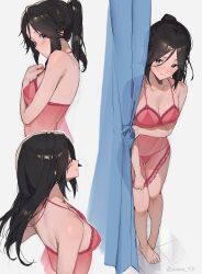 Rule 34 | 1girl, absurdres, arm under breasts, babydoll, bare shoulders, barefoot, black hair, blue eyes, blush, bra, breasts, cleavage, closed mouth, collarbone, curtains, embarrassed, halterneck, hibike! euphonium, highres, kasaki nozomi, lace, lace-trimmed babydoll, lace trim, lingerie, liz to aoi tori, long hair, multiple views, panties, ponytail, red babydoll, red bra, red panties, see-through, see-through babydoll, shirt tug, smile, solo, sooon, standing, thong, underwear