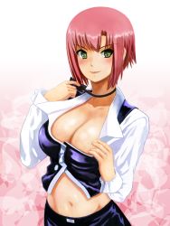 Rule 34 | 1girl, black bow, black bowtie, blush, bow, bowtie, breasts, cleavage, clothes pull, cowboy shot, croupier, flower, green eyes, large breasts, looking at viewer, macfist, midriff, navel, pink hair, rio -rainbow gate!-, rio rollins, shirt pull, short hair, simple background, smile, solo, super blackjack
