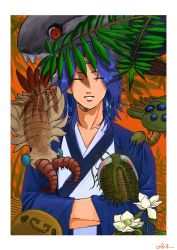 Rule 34 | 1boy, animal request, anomalocaris, blue robe, border, closed eyes, flower, hands in opposite sleeves, highres, lanxi zhen, laojun (the legend of luoxiaohei), leaf, orange background, parted lips, penguin84dosu, plant, robe, shadow, signature, smile, solo, luo xiaohei zhanji, trilobite, upper body, white border, white flower