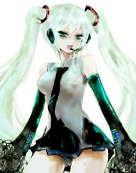 Rule 34 | 1girl, artist request, bare shoulders, breasts, detached sleeves, female focus, green eyes, green hair, hair ornament, hatsune miku, headset, hiro (pixiv), long hair, matching hair/eyes, necktie, open mouth, panties, skirt, solo, twintails, underwear, very long hair, vocaloid, white background