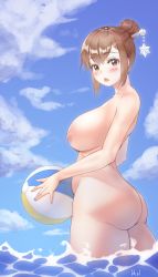 Rule 34 | 1girl, :o, artist name, ass, bad id, bad pixiv id, ball, beachball, blue nails, blue sky, blush, brown eyes, brown hair, butt crack, cloud, cloudy sky, collarbone, completely nude, cowboy shot, day, eyelashes, fingernails, from side, groin, hair bun, hair ornament, hair stick, harry (dudwofla), highres, holding, holding ball, legs together, looking at viewer, mei (overwatch), nail polish, nipples, no eyewear, nude, open mouth, outdoors, overwatch, overwatch 1, partially submerged, short hair, single hair bun, sky, snowflake hair ornament, solo, standing, thighs, wading, water