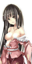 Rule 34 | 1girl, bare shoulders, black eyes, black hair, bow, breasts, collarbone, deetamu, dress, hair censor, highres, houraisan kaguya, long sleeves, looking at viewer, off shoulder, open mouth, shirt, shirt down, simple background, skirt, solo, tam-out (datam), touhou, unbuttoned, upper body, white background