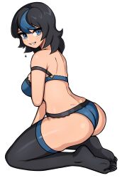 Rule 34 | 1girl, ass, black hair, black thighhighs, blue bra, blue eyes, blue hair, blue panties, blush, bra, commission, feet, from side, grin, highres, looking at viewer, medium hair, multicolored hair, oninuer, original, panties, parted lips, seiza, simple background, sitting, smile, soles, solo, teeth, thighhighs, toes, underwear, white background