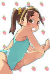 Rule 34 | 1girl, acrobatic, bad id, bad pixiv id, barefoot, blush, brown eyes, brown hair, chanchan, child, competition swimsuit, food, food print, fruit, goggles, goggles on head, grin, happy, highres, ichigo mashimaro, long hair, looking at viewer, looking back, matsuoka miu, one-piece swimsuit, smile, solo, strawberry, strawberry print, stretching, swimsuit, thick thighs, thighs, twintails