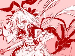 Rule 34 | 1boy, animal ears, astolfo (fate), astolfo (saber) (fate), astolfo (saber) (third ascension) (fate), black bow, black bowtie, black ribbon, bow, bowtie, commentary request, fang, fate/grand order, fate (series), gauntlets, hair intakes, haoro, layered skirt, long sleeves, looking at viewer, low twintails, male focus, open mouth, outstretched arms, pink background, rabbit ears, ribbon, scabbard, sheath, simple background, sketch, skin fang, skirt, solo, twintails