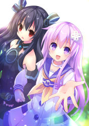 Rule 34 | bare shoulders, black hair, breasts, choker, collar, dress, field, flustered, friends, grass, hair between eyes, happy, long hair, nepgear, neptune (series), one eye closed, open mouth, purple eyes, purple hair, red eyes, shirt, small breasts, tsundere, twintails, two side up, uni (neptunia), zinan777