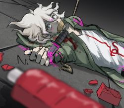 Rule 34 | 1boy, alternate universe, blood, blurry, blurry foreground, bottle, collarbone, commentary, danganronpa (series), danganronpa 2: goodbye despair, english commentary, green jacket, grey hair, hair between eyes, injury, jacket, knife, komaeda nagito, long sleeves, looking at viewer, male focus, messy hair, open clothes, open jacket, pink blood, print shirt, shirt, solo, tearing up, upper body, weapon, white hair, white shirt, yandr4hope