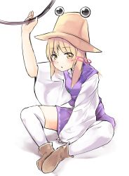 Rule 34 | 1girl, blonde hair, brown footwear, ginnkei, hair ribbon, hat, highres, holding, holding jewelry, holding ring, jewelry, looking at viewer, moriya suwako, one-hour drawing challenge, purple skirt, ribbon, ring, simple background, sitting, skirt, skirt set, solo, thighhighs, touhou, vest, white background, white thighhighs, wide sleeves, yellow eyes