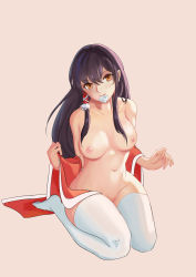 Rule 34 | 1girl, absurdres, black hair, breasts, brown eyes, condom, condom in mouth, condom wrapper, full body, hair down, hair tubes, hakurei reimu, highres, lips, long hair, looking at viewer, medium breasts, mouth hold, navel, nipples, pink background, seiza, sidelocks, simple background, sitting, solo, straight hair, thighhighs, touhou, white thighhighs, yue ling yu