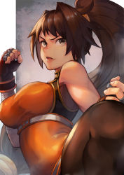 Rule 34 | 1girl, bandages, black gloves, breasts, brown eyes, brown hair, dnf duel, dungeon and fighter, fighter (dungeon and fighter), fighting stance, fingerless gloves, gloves, hinoru saikusa, large breasts, leg up, long hair, low-tied long hair, open mouth, ponytail, solo, striker (dungeon and fighter)