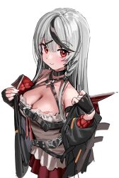 Rule 34 | 1girl, bare shoulders, black gloves, black hair, black jacket, blush, breasts, camisole, cleavage, fingerless gloves, gloves, grey hair, hair ornament, highres, hololive, jacket, kanzarin, large breasts, long hair, long sleeves, looking at viewer, multicolored hair, off-shoulder jacket, off shoulder, red eyes, sakamata chloe, smile, solo, streaked hair, virtual youtuber, white camisole, x hair ornament