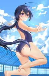 Rule 34 | 1girl, absurdres, antenna hair, ass, barefoot, black eyes, black hair, black one-piece swimsuit, blue sky, cloud, commentary, competition swimsuit, cowboy shot, day, english commentary, from behind, grin, highres, jumping, kaminashi nozomi, keijo!!!!!!!!, lips, long hair, one-piece swimsuit, outstretched arms, sky, smile, solo, stadium, swimsuit, tiri