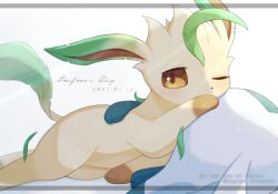 Rule 34 | alopias, brown eyes, character name, commentary request, creatures (company), dated, game freak, gen 4 pokemon, glaceon, leafeon, looking at viewer, lying, nintendo, no humans, one eye closed, pokemon, pokemon (creature), watermark, white background
