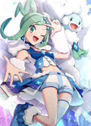 Rule 34 | 1girl, altaria, arm warmers, blue footwear, boots, breasts, creatures (company), game freak, gen 3 pokemon, gonzarez, green eyes, green hair, highres, idol, lisia (pokemon), mega altaria, mega pokemon, nintendo, pokemon, pokemon oras, shorts, shorts under skirt, showgirl skirt, single thighhigh, small breasts, striped clothes, striped thighhighs, thighhighs