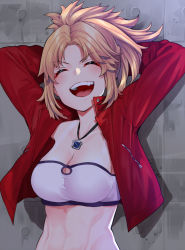 Rule 34 | 1girl, abs, arms behind head, arms up, bandeau, blush, braid, breasts, cleavage, closed eyes, fate/apocrypha, fate (series), french braid, highres, jacket, jewelry, large breasts, long hair, long sleeves, mikan (chipstar182), mordred (fate), mordred (fate/apocrypha), mordred (memories at trifas) (fate), necklace, open clothes, open jacket, open mouth, parted bangs, pendant, ponytail, red jacket, sidelocks, smile, solo, uvula