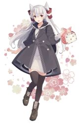 Rule 34 | 1girl, amatsukaze (kancolle), black coat, black thighhighs, blush, brown eyes, buttons, coat, full body, grey hair, grey hoodie, hair between eyes, hair tubes, highres, holding, hood, hoodie, kantai collection, long hair, official alternate costume, open clothes, open coat, open mouth, shakemi (sake mgmgmg), shoes, smile, solo, thighhighs, two side up