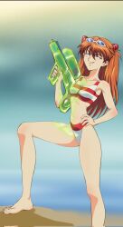 Rule 34 | 1girl, amondetauro, ass, barefoot, bikini, blue eyes, breasts, brown hair, grin, hair ornament, hand on own hip, highres, interface headset, long hair, medium breasts, navel, neon genesis evangelion, shiny skin, simple background, smile, solo, souryuu asuka langley, standing, striped bikini, striped clothes, sunglasses on head, swimsuit, title, very long hair, water gun, wide hips