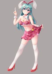Rule 34 | 10s, 1girl, alternate costume, alternate eye color, animal ears, aqua hair, bare shoulders, blue eyes, blush, breasts, clothes lift, detached collar, earrings, frills, hair ornament, hairclip, head tilt, heart, high heels, highres, jewelry, kantai collection, long hair, looking at viewer, medium breasts, midriff, navel, necklace, nicoby, rabbit ears, red footwear, shoes, simple background, skirt, skirt lift, smile, solo, star (symbol), suzuya (kancolle), teeth, thighhighs, white thighhighs, wrist cuffs