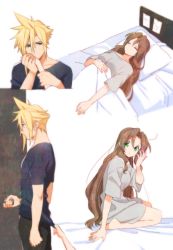 Rule 34 | 1boy, 1girl, aerith gainsborough, asymmetrical hair, bare legs, barefoot, bed, bed sheet, black pants, blanket, blonde hair, blue eyes, blue shirt, breasts, closed eyes, cloud strife, doorknob, final fantasy, final fantasy vii, green eyes, grey shirt, hair down, hand on own face, hetero, holding another&#039;s wrist, holding hands, hospital bed, kiss, kissing hand, kneeling, krudears, long hair, lying, medium breasts, on back, pants, parted bangs, pillow, pulling, shirt, sidelocks, spiked hair, t-shirt, wavy hair