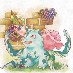 Rule 34 | brick wall, claws, commentary request, creatures (company), eye contact, fangs, game freak, gen 1 pokemon, gen 2 pokemon, grass, highres, hoppip, iroha nibi, ivysaur, looking at another, nintendo, no humans, open mouth, orange eyes, petals, pokemon, pokemon (creature), smile, tongue, yellow eyes